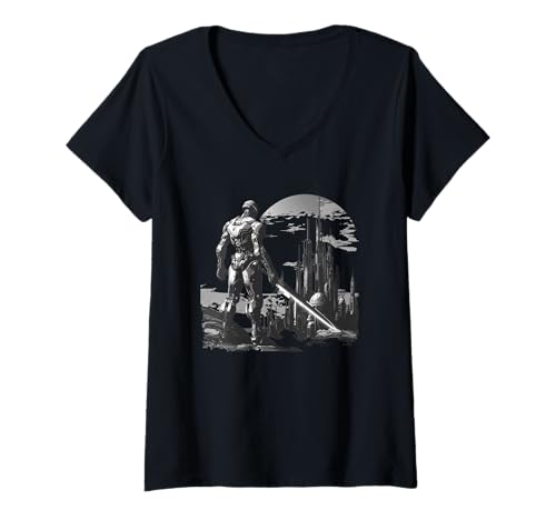Damen Futuristischer Roboter Krieger mit Schwert, Sci Fi Roboter T-Shirt mit V-Ausschnitt von Future Sci Fi Warrior Designs