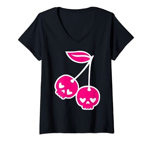 Damen Kawaii Cute Cherry Skulls T-Shirt mit V-Ausschnitt Damen Kawaii Cute Cherry Skulls T-Shirt mit V-Ausschnitt von Future Skull