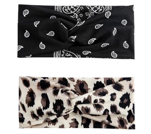 Future Tabs Bandana-Knoten-Stirnband-Kombination mit Paisleymuster und Tierdruck, überkreuzter Kopf, für Damen und Herren, bequeme Stirnbänder für Yoga, Joggen und Fitnessstudio, Schwarz und Weiß von Future Tabs