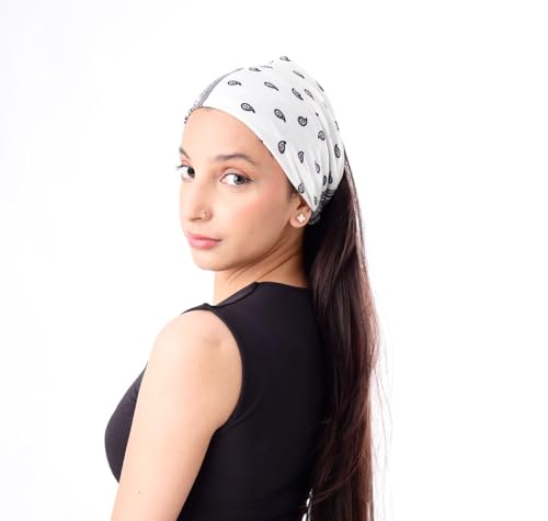 Future Tabs Breites Bandana-Knoten-Stirnband mit Paisleymuster, weiß, überkreuzter Kopf, Haarwickeltuch für Damen und Herren, dehnbare und bequeme Stirnbänder für Yoga, Joggen und Fitnessstudio, 1 von Future Tabs