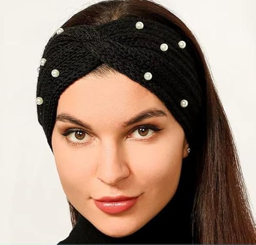 Gestricktes Stirnband Winter Ohrwärmer - Elastische Strickohrwärmer mit Perlen Winter Haarband für Frauen Kopfwickel Schwarz Gestricktes Stirnband Winter Ohrwärmer - Elastische Strickohrwärmer mit Perlen Winter Haarband für Frauen Kopfwickel Schwarz von Future Tabs