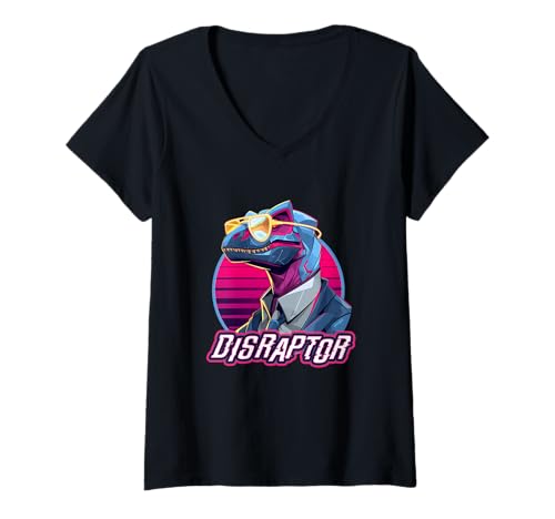 Damen Disraptor Retro Futuristic Dinosaurier Tech Aesthetic T-Shirt mit V-Ausschnitt Damen Disraptor Retro Futuristic Dinosaurier Tech Aesthetic T-Shirt mit V-Ausschnitt von Futuristic Dino Vaporwave Tech Culture