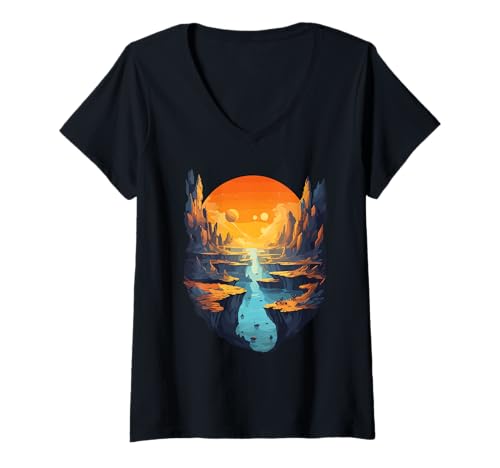 Damen Epischer Sonnenuntergang Canyon mit planetarischem Himmel T-Shirt mit V-Ausschnitt Damen Epischer Sonnenuntergang Canyon mit planetarischem Himmel T-Shirt mit V-Ausschnitt von Futuristic Landscape Fantasy Sci-Fi Cosmos
