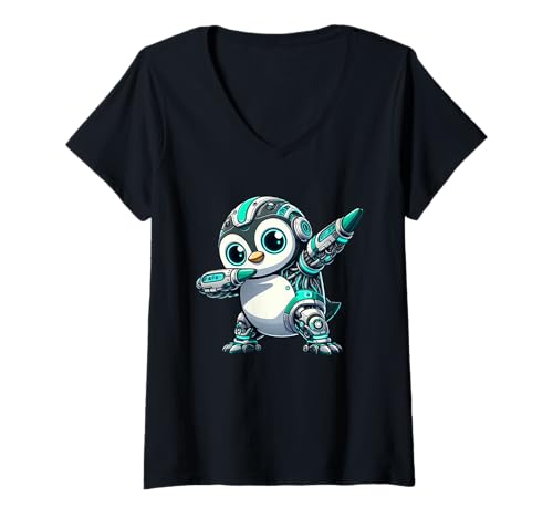 Damen Cooler Cartoon Roboter Pinguin Astronaut Dabbing Mech T-Shirt mit V-Ausschnitt Damen Cooler Cartoon Roboter Pinguin Astronaut Dabbing Mech T-Shirt mit V-Ausschnitt von Futuristic Penguin Cartoon Space Robot