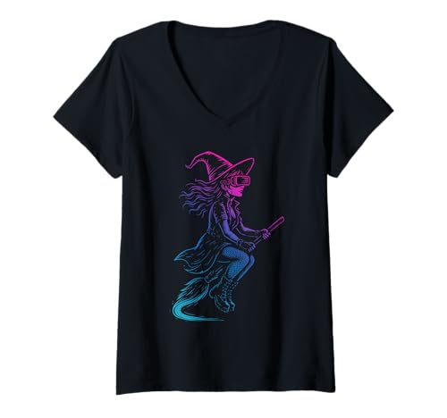 Damen Futuristische Cyber Witch Gothic Halloween Gamer T-Shirt mit V-Ausschnitt von Futuristic cyberpunk Retro Vaporwave Goth Design
