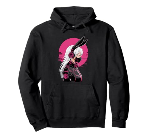Cyberpunk Girl Mit Maske Sci-Fi Anime Manga Katzenohren Girl Pullover Hoodie von Futuristisch Manga Anime Cyberpunk Kunst