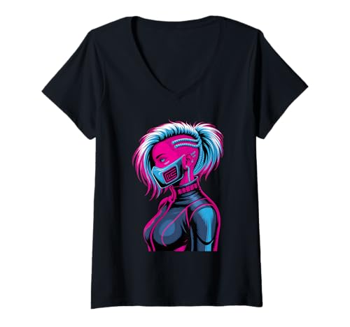 Damen Anime Cyberpunk Girl Sci-Fi Anime Manga Katzenohren Mädchen T-Shirt mit V-Ausschnitt Damen Anime Cyberpunk Girl Sci-Fi Anime Manga Katzenohren Mädchen T-Shirt mit V-Ausschnitt von Futuristisch Manga Anime Cyberpunk Kunst