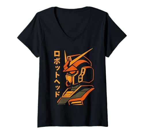 Damen ロボットヘッド Anime Mecha Robotkopf Japanisches Sci Fi Motiv Mecha T-Shirt mit V-Ausschnitt von Futuristische Illustration ロボットヘッド Mecha Popkultur