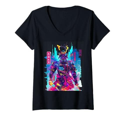 Damen Cyberpunk Neon Samurai Japanische Kunst T-Shirt mit V-Ausschnitt Damen Cyberpunk Neon Samurai Japanische Kunst T-Shirt mit V-Ausschnitt von Futuristisches Samurai Design