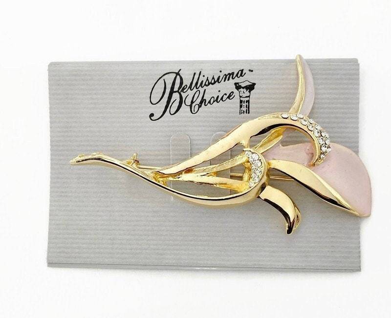 Vintage Bellissima Wahl Rosa Gold Kristall Strass Blumen Pin Auf Handelskarte V762 von Futuryo