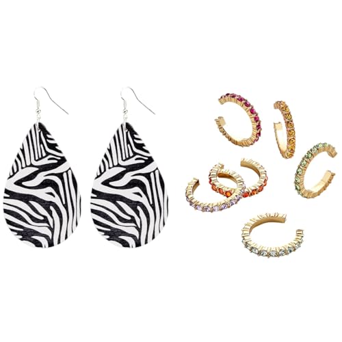 Fuuroottly 1 Paar geometrische Wasser-Holzohrringe und 3 Paar für Damen, bunte Zirkoniasteine, runde Clip-Ohrringe Fuuroottly 1 Paar geometrische Wasser-Holzohrringe und 3 Paar für Damen, bunte Zirkoniasteine, runde Clip-Ohrringe von Fuuroottly