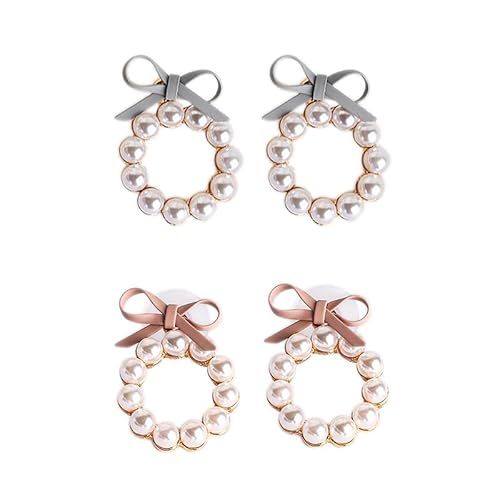 Fuuroottly 2 Paar sommerliche schicke Ohrringe, schöne Schleifen-Ohrringe für Frauen, geometrische Kreise, künstliche Perlen, Ohrstecker, Rosa und Grau von Fuuroottly