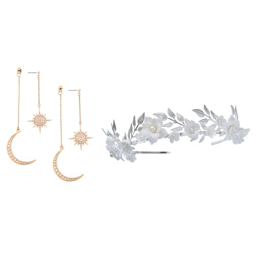 Fuuroottly Damen Mond Kristall Stern Ohrstecker & Blume Hochzeit Krone Braut Haar Blatt Kopfschmuck Fuuroottly Damen Mond Kristall Stern Ohrstecker & Blume Hochzeit Krone Braut Haar Blatt Kopfschmuck von Fuuroottly