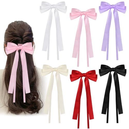 FuxFuis 6 Stück Haarschleife Haarspange Mädchen Haarschleifen Haarspange mit Schleife Damen Haarband Schleife Haare Festival Haarclip für Mädchen (Schwarz, Cremeweiß, Weinrot, Reinweiß, Lila, Pink) von FuxFuis