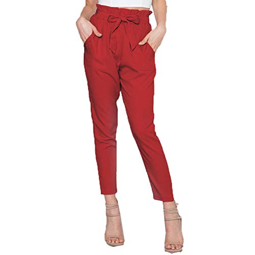 Paperbag Hose Damen Elegant Hohe Freizeithosen Ankel Track Pants Casual Home High Waist Sweatpants City Streetwear mit Schleifengürtel Rot M von Fuxiang