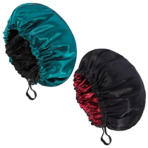 Fuyamp Satin-Schlafhaube, verstellbar, seidig, für Damen, langes lockiges Haar, doppelseitig, wasserdicht, Satin-Haarhaube, extra groß, für Damen und Mädchen, zum Schlafen (Rot + Seegrün), 2 Packungen von Fuyamp