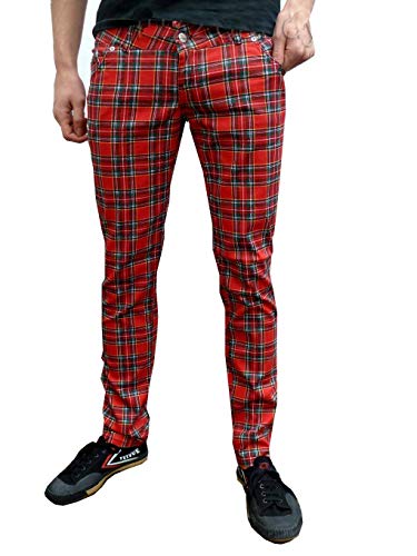 Fuzzdandy Herren oder Damen Skinny Tartan Punk Mod Abflußrohre Hose Jeans - Rot Schottenkaro, 32 Waist x 32 Leg von Fuzzdandy