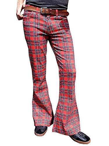 Herren Bell Böden Ausgestellt Schottenkaro Rot Glam Rock Hose Retro - Rot schottenkaro, W34 x L34 Lang von Fuzzdandy