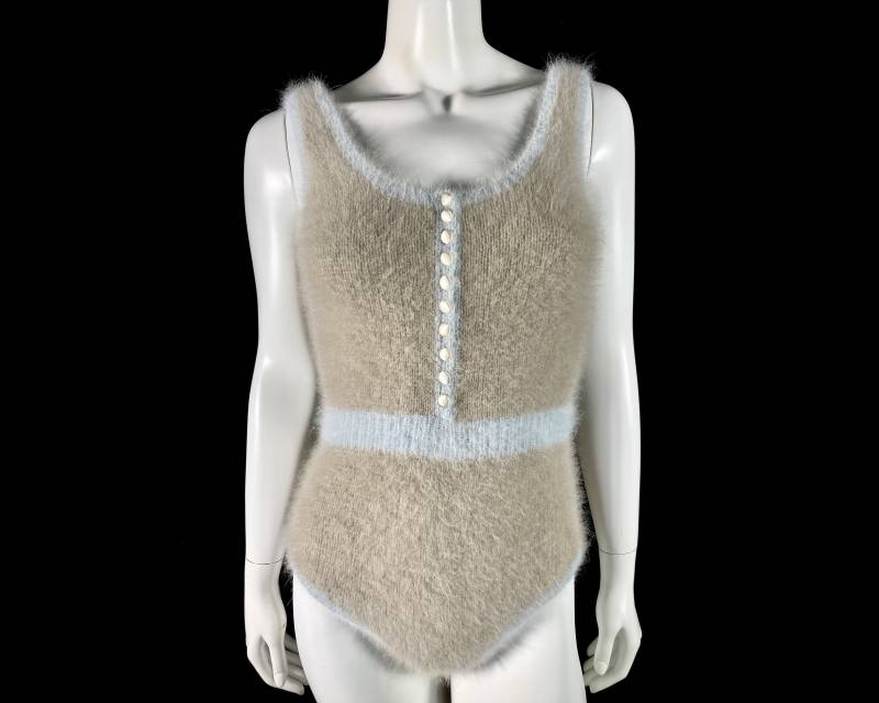 70% Angora Fuzzy Neu Mit Etikett Handgestrickt Ecru Blau Body Dessous Pullover Größe M von FuzzieJones