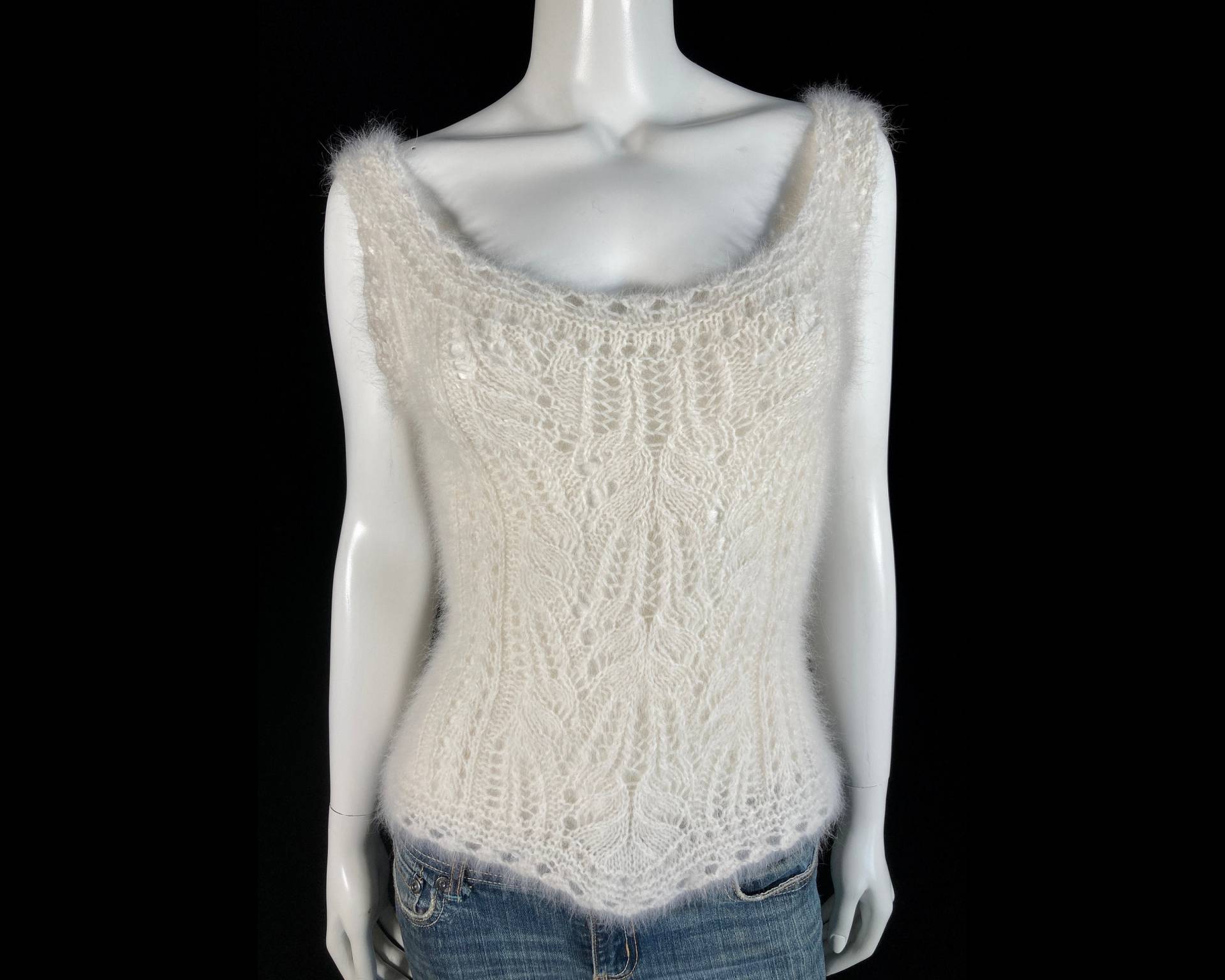 75% Angora Fuzzy Neu Mit Etikett Handgestricktes Weißes Trägertop-Pullover 33-36"-Bust von FuzzieJones