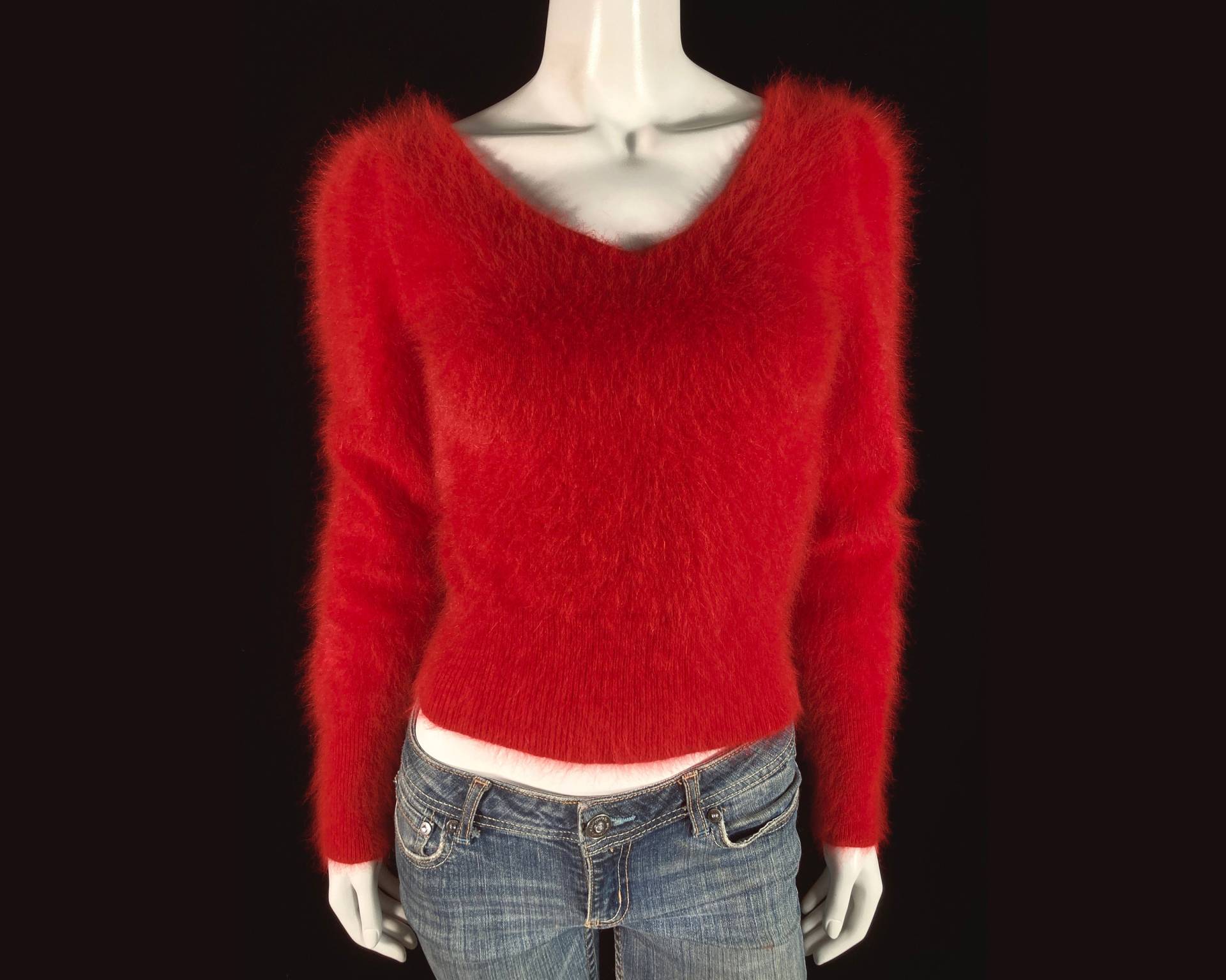 80% Angora Fuzzy Rot Puffärmel V-Ausschnitt Pullover 78"-Büste von FuzzieJones