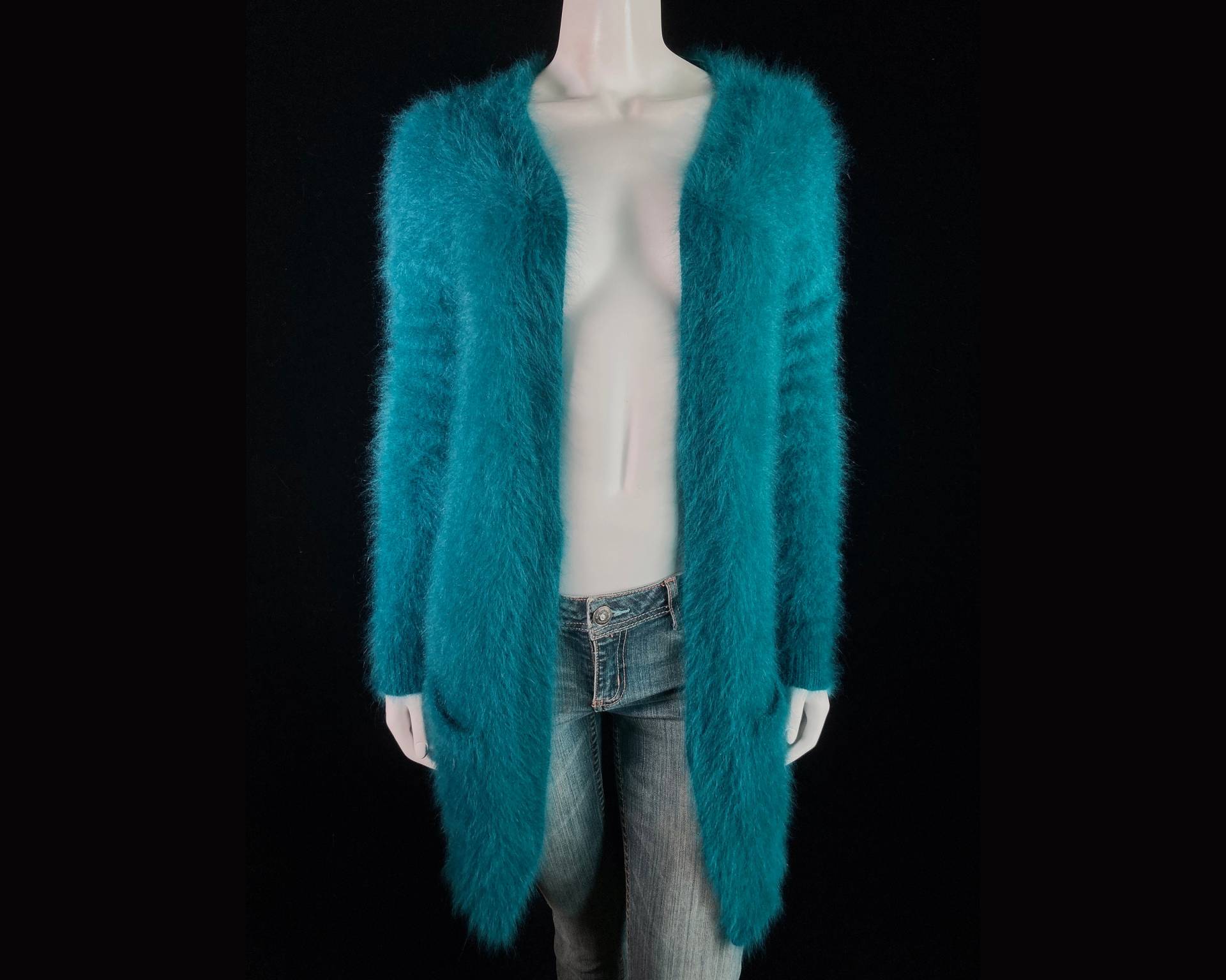 80% Angora Fuzzy Theory Teal-Blaue Duster Cardigan Mit Offener Vorderseite 32"-Bust von FuzzieJones