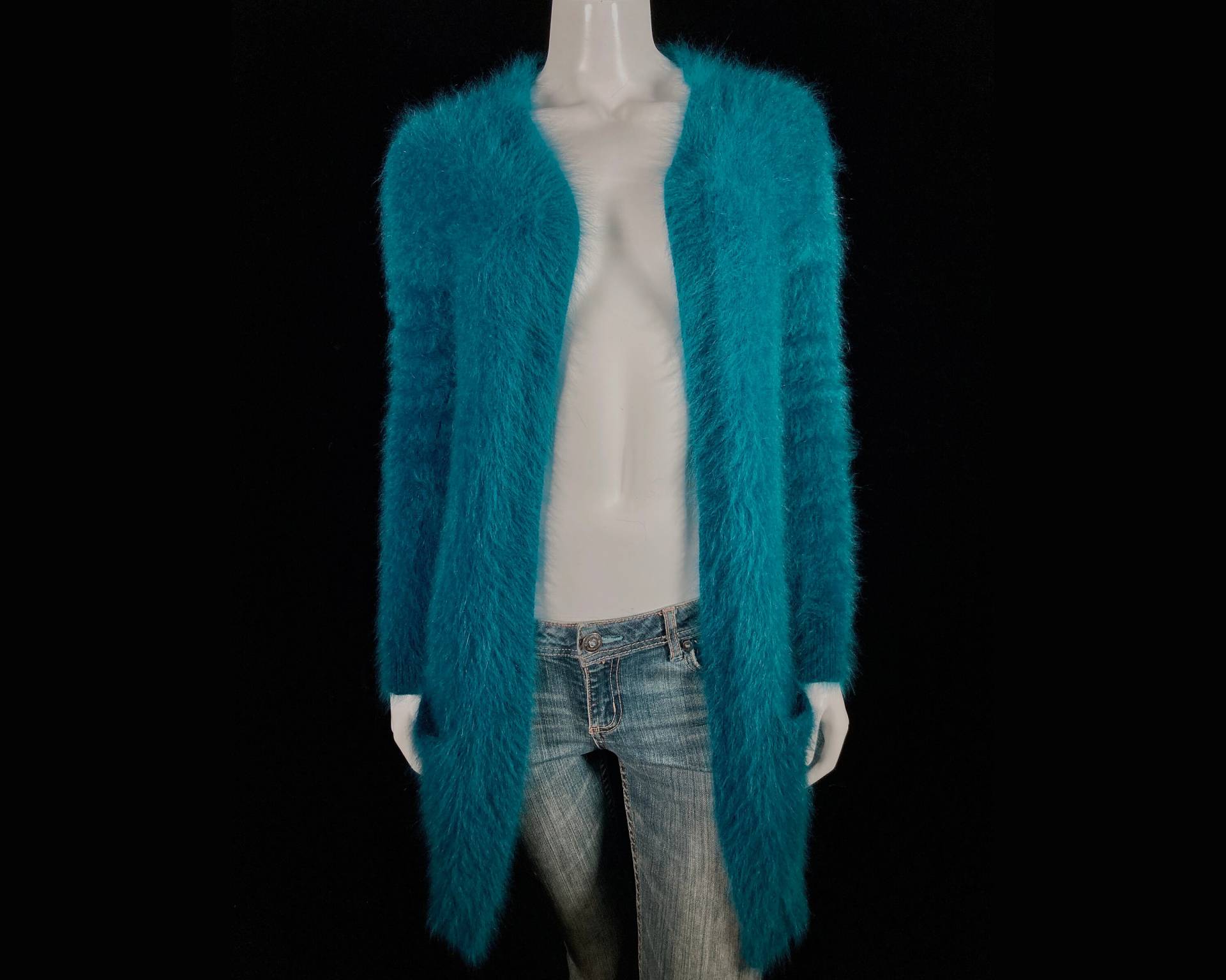 80% Angora Fuzzy Theory Teal-Blaue Duster Cardigan Mit Offener Vorderseite 32"-Bust von FuzzieJones