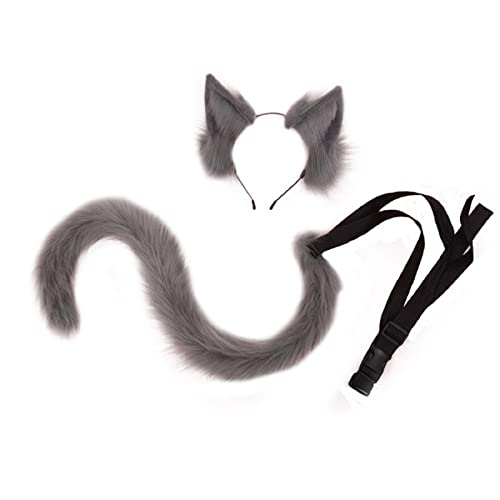 Cosplay Biegbar Lang Schlank Tier Fuchs Katze Hund Schwanz und Ohren Haarband 2 PCS Set Grau Animes Cosplay Langen Schwanz Katzenohren Fuchsohrenn Stirnband Kopfbedeckung Kopfschmuck Halloween von Fxaelian