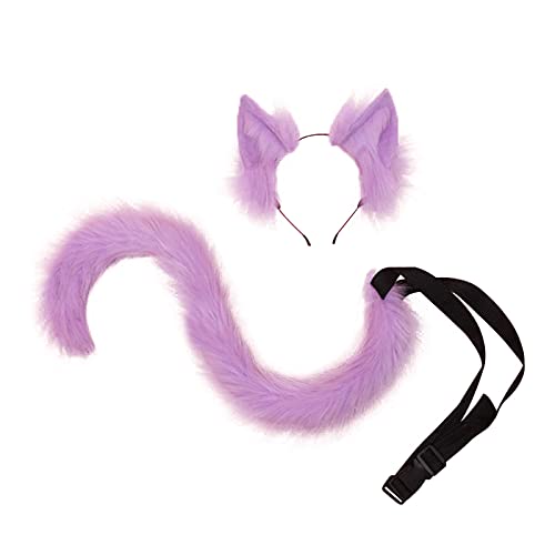 Cosplay Biegbar Lang Schlank Tier Fuchs Katze Hund Schwanz und Ohren Haarband 2 PCS Set Violett Animes Cosplay Langen Schwanz Katzenohren Fuchsohrenn Stirnband Kopfbedeckung Kopfschmuck Halloween von Fxaelian