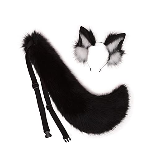 Cosplay Lang Groß Tier Fuchs Katze Hund Wolf Schwanz und Ohren Haarband 2 PCS Set Animes Cosplay Schwanz Katzenohren Fuchsohrenn Stirnband Kopfschmuck Halloween Party Kostüm Zubehör C Schwarz von Fxaelian