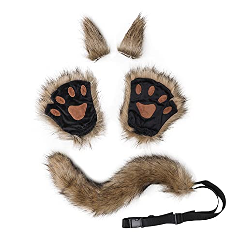 Cosplay Lang Groß Tier Fuchs Katze Hund Wolf Schwanz und Ohren Haarband 5 PCS Set Animes Cosplay Schwanz Katzenohren Fuchsohrenn Stirnband Kopfschmuck Halloween Party Kostüm Zubehör F Hellbraun von Fxaelian