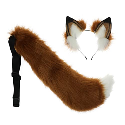 Fxaelian Cosplay Lang Groß Tier Fuchs Katze Hund Wolf Schwanz und Ohren Haarband 2 PCS Set Animes Cosplay Schwanz Katzenohren Fuchsohrenn Stirnband Halloween Cosplay Party Kostüm Zubehör D Braun von Fxaelian