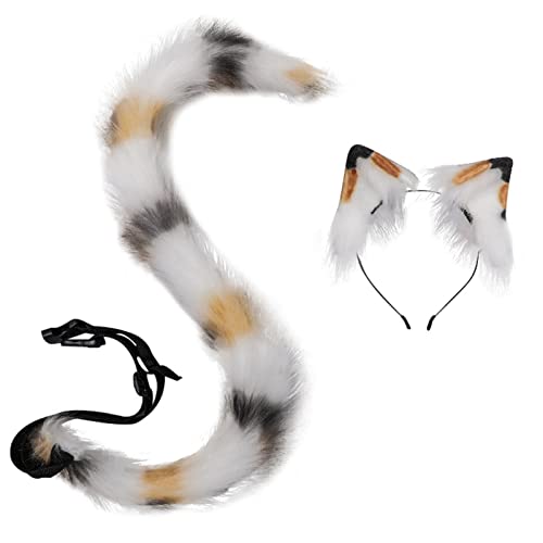 Fxaelian Cosplay Weiß Lang Schlank Tier Fuchs Katze Hund Schwanz und Ohren Haarband 2 PCS Set Cosplay Langen Schwanz Katzenohren Fuchsohrenn Stirnband Kopfbedeckung Kopfschmuck Punkte Orange Schwarz von Fxaelian