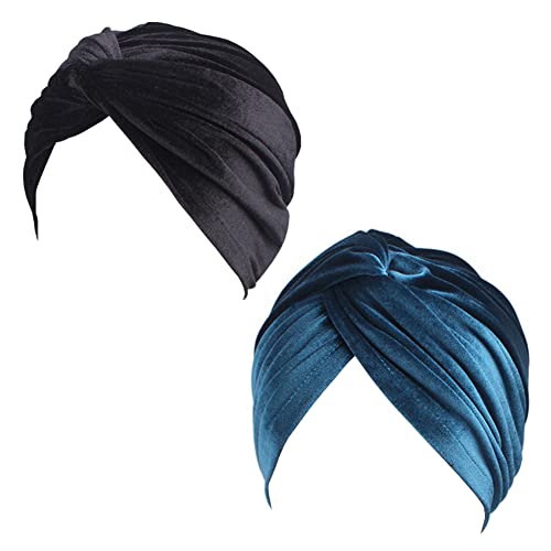 Fxhixiy Damen Stretch-Samt-Turban-Mütze, Turban-Mütze, Krebs, Chemo, Mütze, Kopfbedeckung (Schwarz, Blaugrün) von Fxhixiy