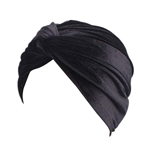 Fxhixiy Damen Turban-Mütze, Stretch-Samt, gedreht, plissiert, Krebs, Chemo, Mütze, Kopfbedeckung (schwarz) von Fxhixiy