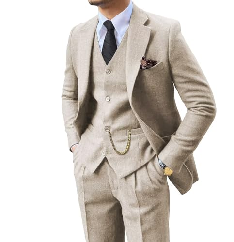 Retro 3-teiliger Anzug Tweed Fischgrätenmuster Herrenanzüge Slim Fit Bräutigam Smoking Set Abschlussball Braun Grau Jacke Blazer Weste Hose, Beige, S von Fxzpiodi