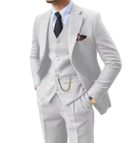Retro 3-teiliger Anzug Tweed Fischgrätenmuster Herrenanzüge Slim Fit Bräutigam Smoking Set Abschlussball Braun Grau Jacke Blazer Weste Hose, silber, XS von Fxzpiodi