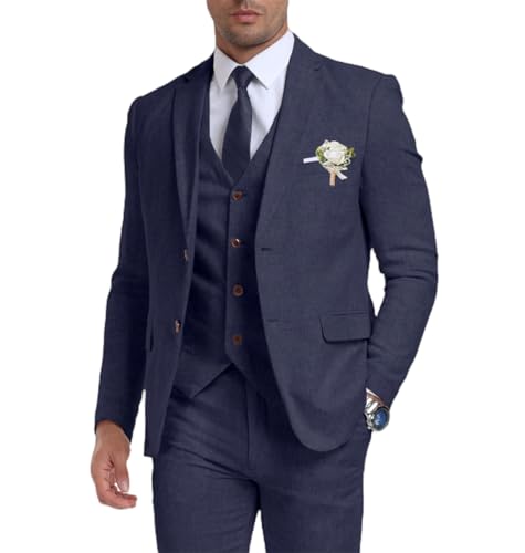 Retro-Leinen-Herrenanzug, 3-teilig, leicht, Leinen, Sommer, schmale Passform, Smoking, Jacke, Blazer, Weste, Hose für Herren, Dunkelblau, XX-Large von Fxzpiodi