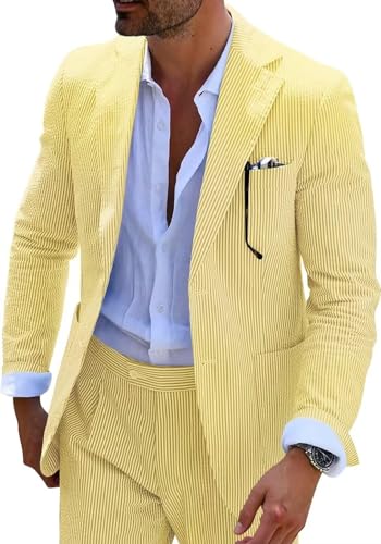 Seersucker Slim Anzüge für Herren, formell, lässig, Sommer, Strand, Hochzeit, Bräutigam, 2-teilig, Blazer-Hose, Party, gestreiftes Anzug-Set, gelb, 5XL von Fxzpiodi