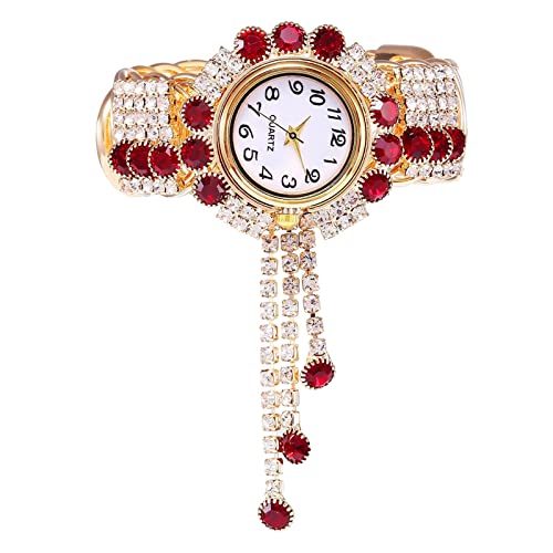 Fycakly 2022 Hand dekorativer Charme Goldfarbe Kristall Armband Ornamente Souvenir Mutter Ehefrau Damen Liebhaber Strass Armbanduhr Frauen Armbanduhr Lederschalung (Red, One Size) von Fycakly