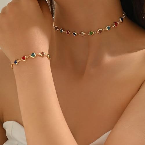 Fycakly Halskette Damen-Halsketten- und Armband-Set mit farbigen Edelsteinen und elegantem herzförmigem Armband aus Legierung. Herzförmige Damen-Kettenhalskette in Regenbogenfarben, Kristallkette für von Fycakly