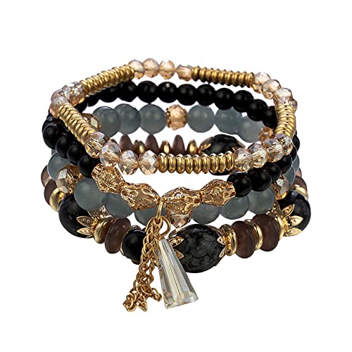 Fycakly Stapelbare Perlenarmbänder Damen Herren Stretch Multilayer Armband Set Mehrfarbiger Schmuck Edelstahl Armband Damen (Black, One Size) von Fycakly