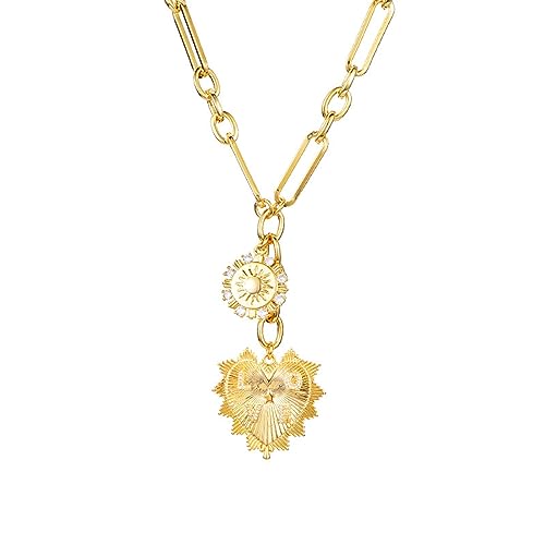 Fycakly Sun Heart Shape Zircon Inlay Thick Chain Choker 1 Gold Electroplatted Hip Hop Minimalist Common Style Neutral Necklace ​​Silberne Halskette Frauen​​ (Rose Gold, One Size) von Fycakly