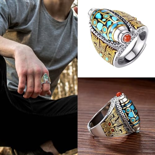 Fycakly Verlobungsring Damen Drehbarer neunäugiger Dzi-Perlen-Mantra mit sechs Zeichen, drehbarer Sportring, handgefertigter Retro-Herrschring für Herren von Fycakly