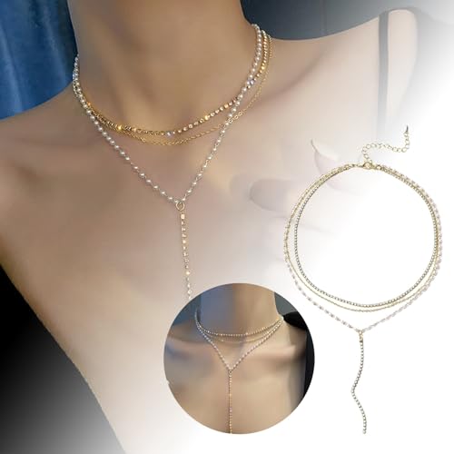 Kette Neue mehrlagige Y-förmige Perlenkette für Damen und modische, coole und leichte Retro-Schlüsselbeinkette, mehrlagige Retro-Halskette von Fycakly