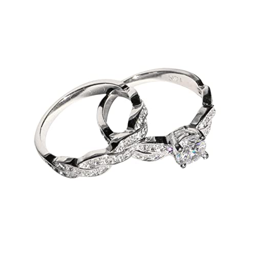 Ring verstellbar für Damen Damen Silber Zirkonia Rundschliff Solitär Verlobungsring Versprechen Ring Ehering Simulierter Brautschmuck Set von Fycakly