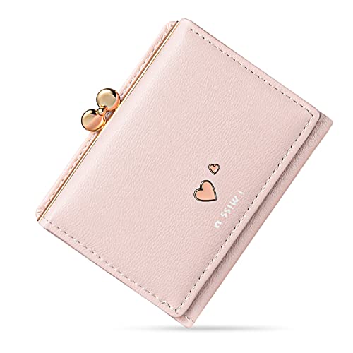 Fycyko Damen Geldbeutel, Klein Portemonnaie Damen PU Leder mit Herzform Portemonnaie Kleine Brieftasche Geldbörse Für Frauen, mit Kiss Lock Beutel Mehreren Fächern Kartenetui Geschenke - Rosa von Fycyko