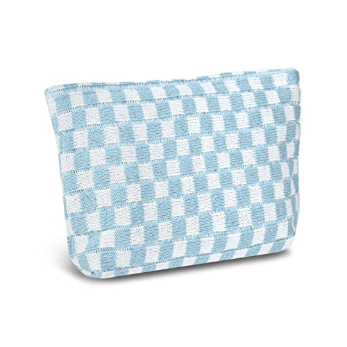 Fycyko Reise Kosmetiktasche,Tragbare Reise Make Up Tasche, Multifunktionale Kulturtasche aus Wolle, Karierte Kulturbeutel Waschtasche Organizer für Damen und Frauen - Blau von Fycyko