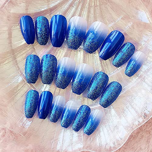 Fyeme 24 PCs falsche Nägel für Frauen drücken auf gefälschten Nägeln Blau -Verlauf gefälschter Nägel mit Jelly Kleber Glitz von Fyeme