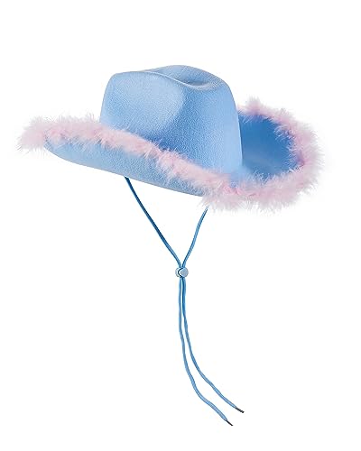 Damen Cowgirl Hut Flauschige Feder Trim Cowboyhut breite Krempe Western Vintage Denim Cap mit verstellbarem Kordelzug Halloween Party Hut, A Blau+Rosa, One size von Fylovery